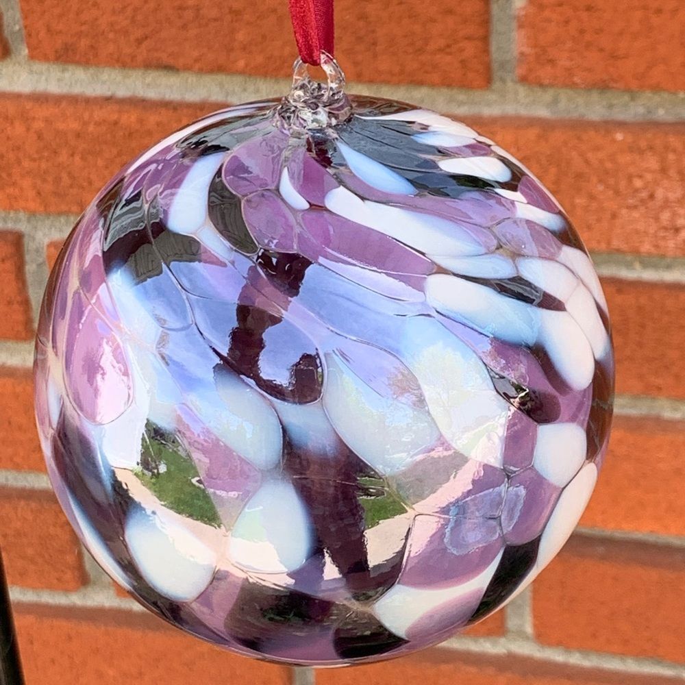 Handmade Artisan Glass Ornament - Purple and White